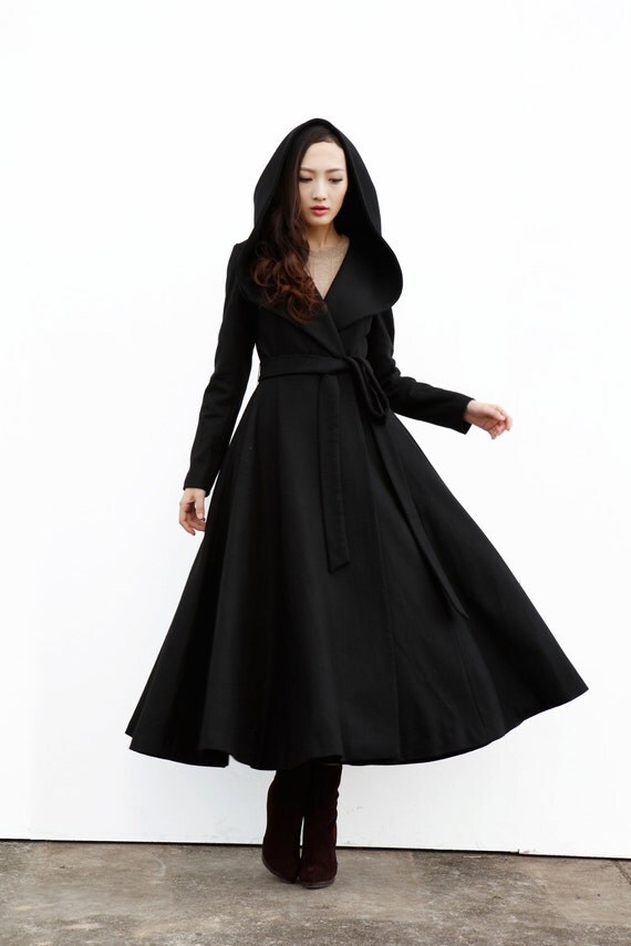 Black Hooded Maxi Coat / Black Long Jacket / by Sophiaclothing