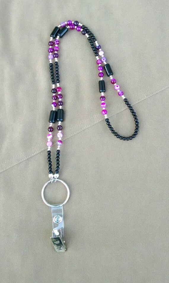 Obsidian Beads Lanyard Name Tag Clip Name by OutWestArtsandCrafts
