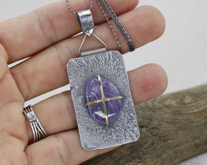 Raw Amethyst Necklace Big Necklace Sterling Silver Rectangle Necklace Large Textured Necklace Purple Christmas Gift for Her One of a kind