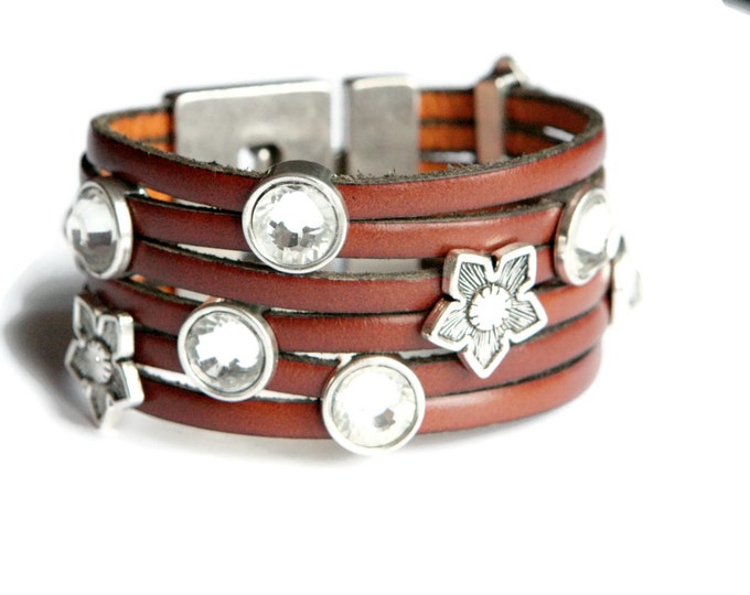 Women Bracelet,leather cuff,leather bracelet,Genuine Leather Chunky Cuff ,crystal bracelet,multi strand cuff,large cuff,gift,