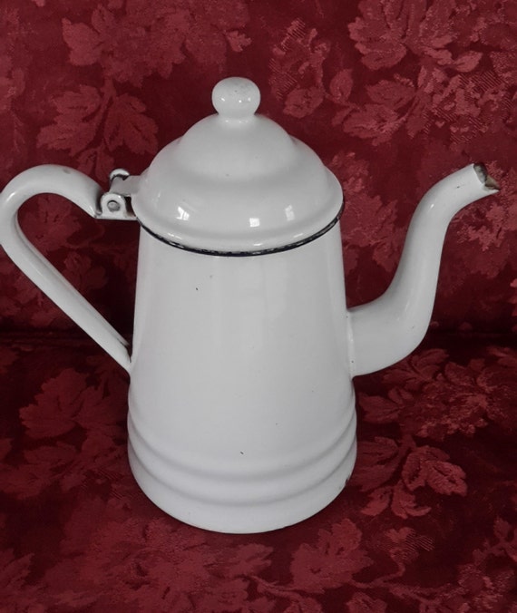 White Metal Porcelain Coffee Pot with Black Trim curved spout