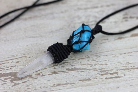 TURQUOISE & QUARTZ NECKLACE- Turquoise Macrame Necklace- Turquoise Pendant- Quartz Necklace- Handmade Necklace-Healing Crystal Jewelry- Yoga