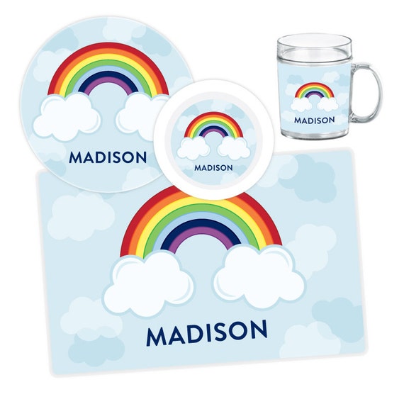 Personalized Rainbow Plate, Bowl, Mug or Placemat - Rainbow Dinnerware Set - Personalized Plate for Kids - Children Plates - Tableware Il_570xn