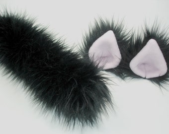 Black Cat Ears And Tail-Cat Costume-Harajuku-Lolita-Cat Ears- Cat Tail-Halloween-Cosplay-Anime-Fuzzy Cat Ears- Black -Cat Birthday Party