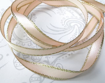 Gold Edged Pastel Peach Satin Ribbon 1/4 inch -- 3 yards -- Blush Pink -- 6mm