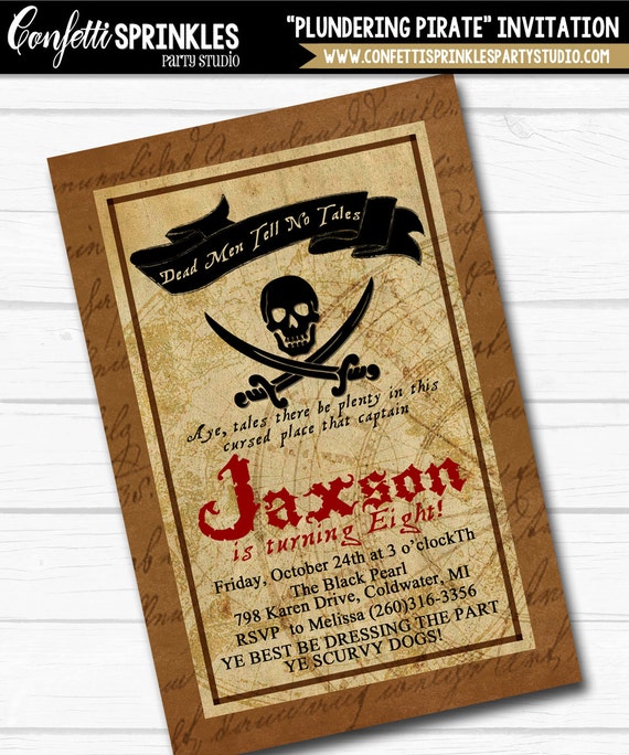 Personalized Caribbean "Plundering Pirate" Boys Birthday Party Digital Printable 4"x6" Invitation Il_570xn