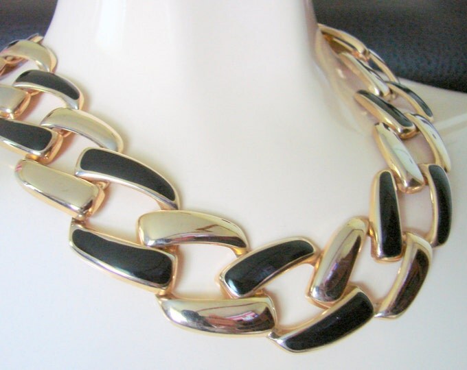 80s Modernist Black Enamel Goldtone Necklace / Wide & Chunky / Vintage Jewelry / Jewellery