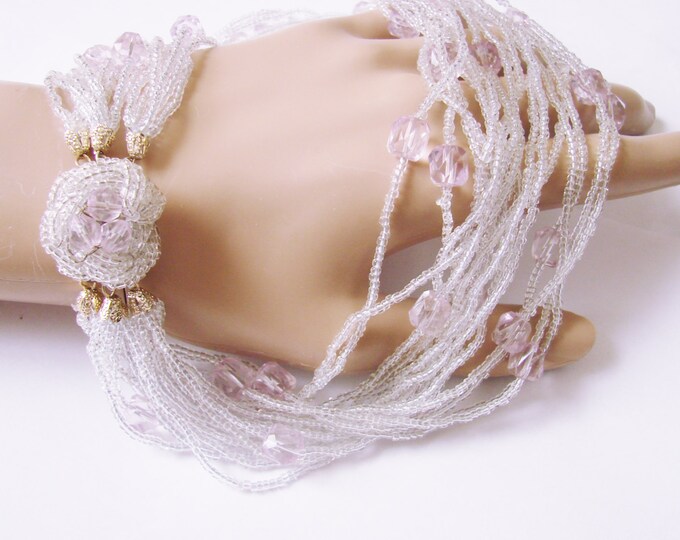 1960s Amethyst Multi Strand Glass Seed Bead Necklace / Cluster Bead Clasp / Vintage Jewelry / Jewellery