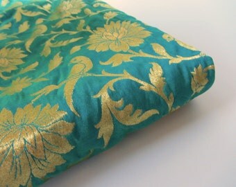 Golden Dusk Ember Kente Brocade Fabric in Cocoa Brown, Sky Blue & Gold Metallic