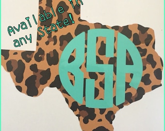 Cheetah print texas with monogram decal, texas yeti decal, texas sticker