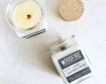 WILD MOUNTAIN HONEY Apothecary Cork Topped Jar Wood Wick Soy Candle 8.5oz Perfect Gift
