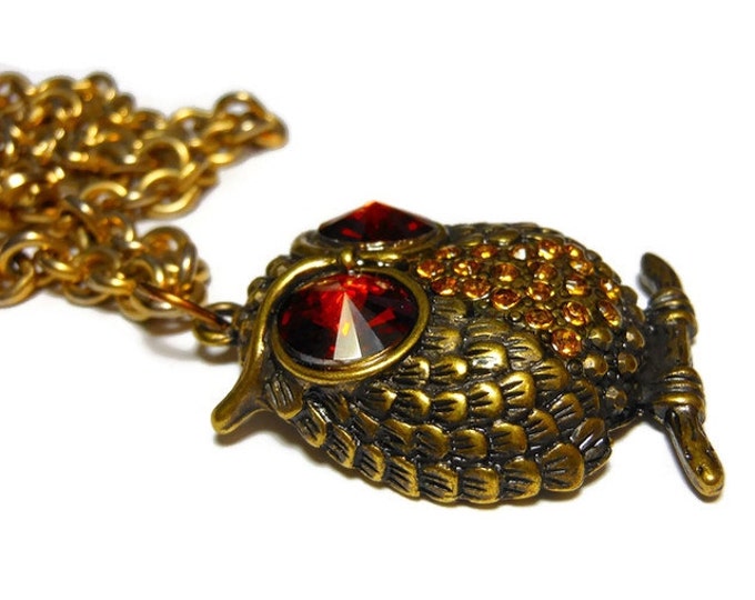 FREE SHIPPING Antiqued brass owl necklace, vintage gold tone heavy link chain, new large rhinestone and antiqued brass owl pendant