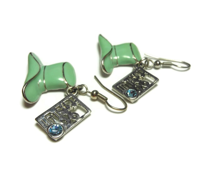 FREE SHIPPING Green hat earrings, enamel top hat, silver trim, dangling cut work rectangle, blue rhinestones, french hook, silver plated