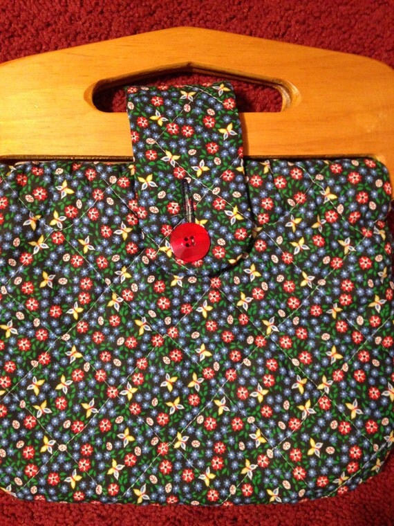 Vintage Handmade Quilted Floral Ladybug and Butterfly Handbag Wood Handles 70s Sale
