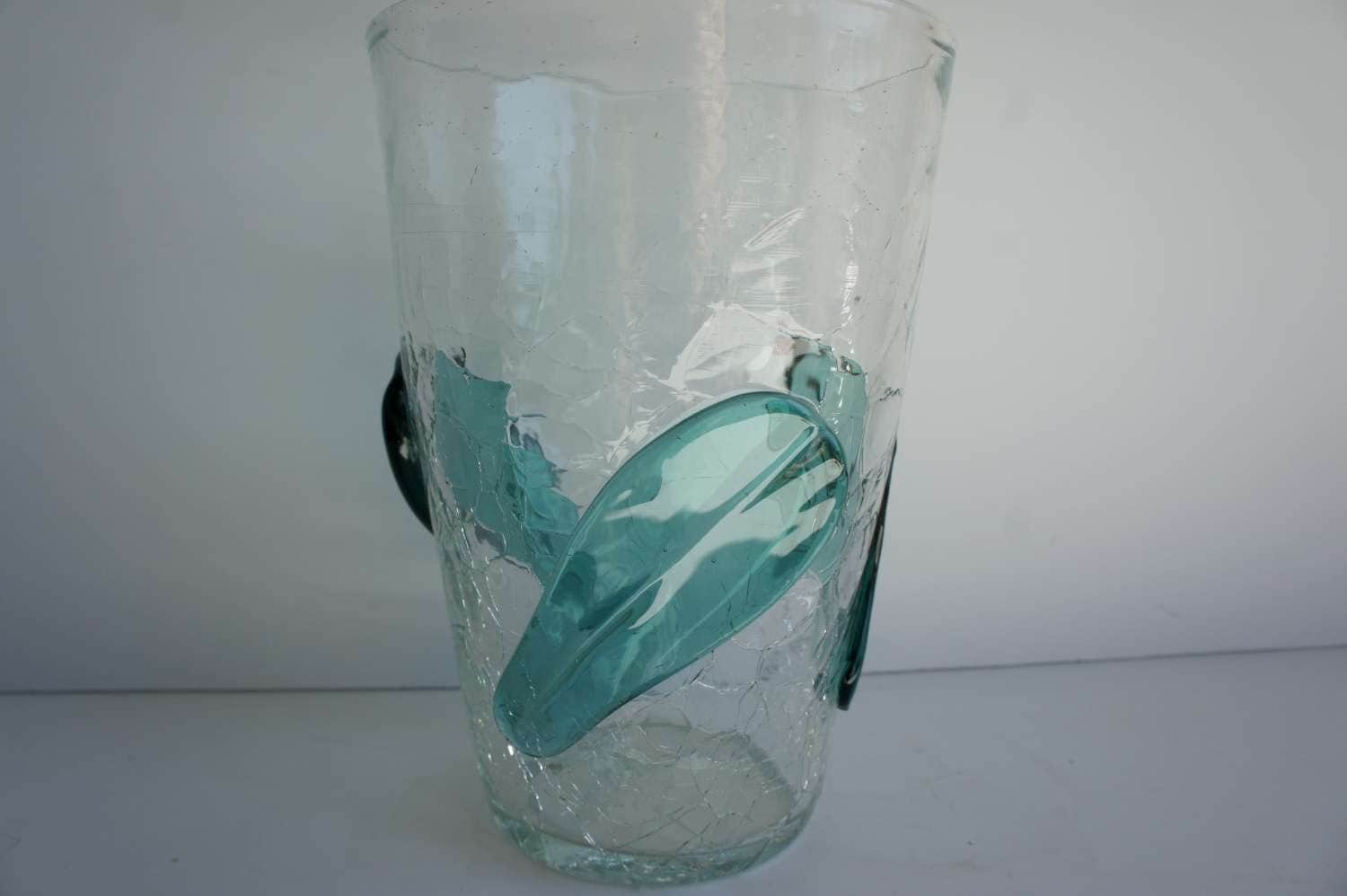 Blenko 366 Crackle Glass Vase Sea Blue Leaves Tall Cylinder