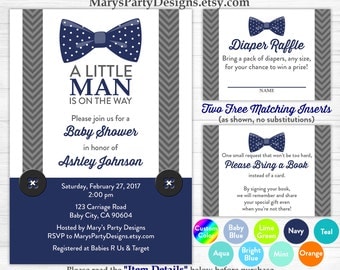 Little Man Baby Shower Invitation - Bow Tie Boy Navy Blue Gray Onesie Free Diaper Raffle Ticket Book Request Card Personalized Printable