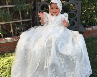 Stunning Alencon Lace Christening Gown, Baptism dress, Girls Christening Gown set