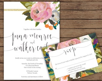 Modern Calligraphy Floral Watercolor Wedding Invitation with RSVP