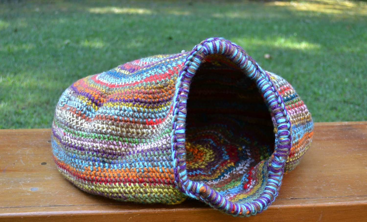 Crochet Cat Cave Nest Pet Bed Large Multi Color Rainbow