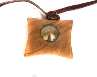 Wood Pendant from Olivewood with Brass and Malachite