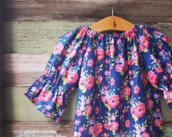 Girls Dress, floral flannel dress, fall peasant dress, long sleeve dress, Navy, coming home outfit, baby clothes, sizes Newborn to 11/12