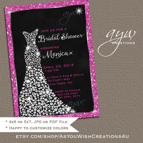 Wedding Dress Bridal Shower Invitation Printable Bridal Shower Invitations Wedding Shower Invitations Elegant Diamond Dress with Bling Il_570xn