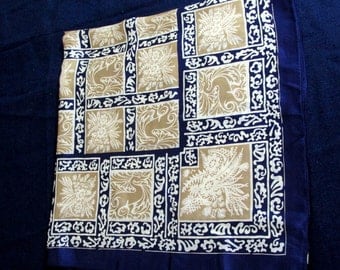 Vintage Designer Ann Klein Silk Scarf Navy Tan White 35" x 36"