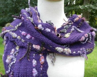Knitted Scarf "Purple Pleasure" for Women Hand Knit Purple Scarf with Multicolored Nubby Yarn Woven Throughout