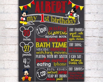 Mickey Mouse First Birthday Chalkboard Sign - Printable 1st Birthday Chalkboard Poster - Birthday Board - Personalized Custom Sign - 079