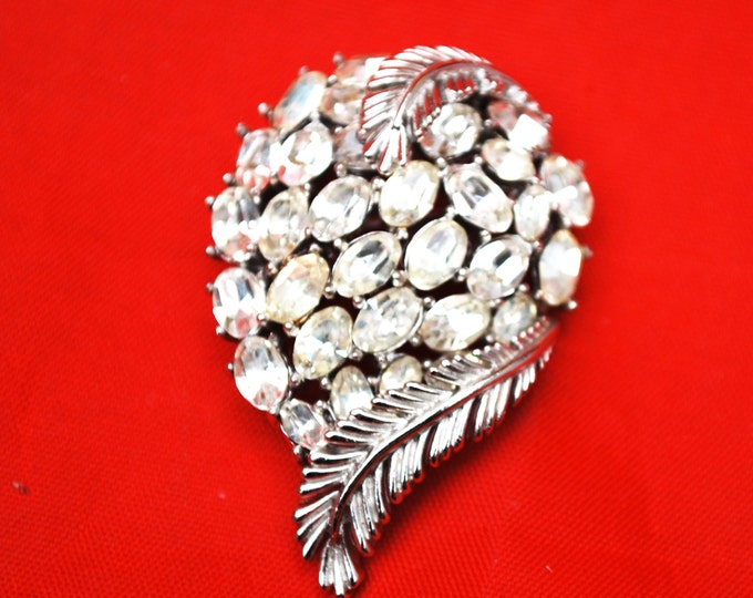 Crown Trifari Brooch - Clear Rhinestone - silver Leaf - Mid Century Pin