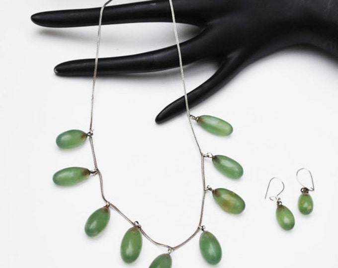 Serpentine Necklace Earring set - Olive Green Gemstone bead - silver chain - Olive jade