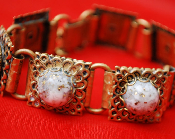 Link bracelet - Victorian Revival Brass book chain - White Cabochon with gold and black confetti