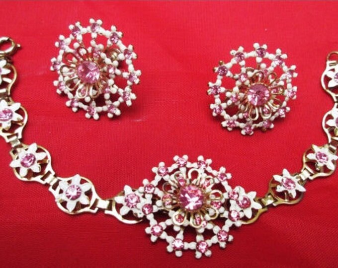 Vintage Bracelet and Earring set Pink rhinestone and white Enamel flowers