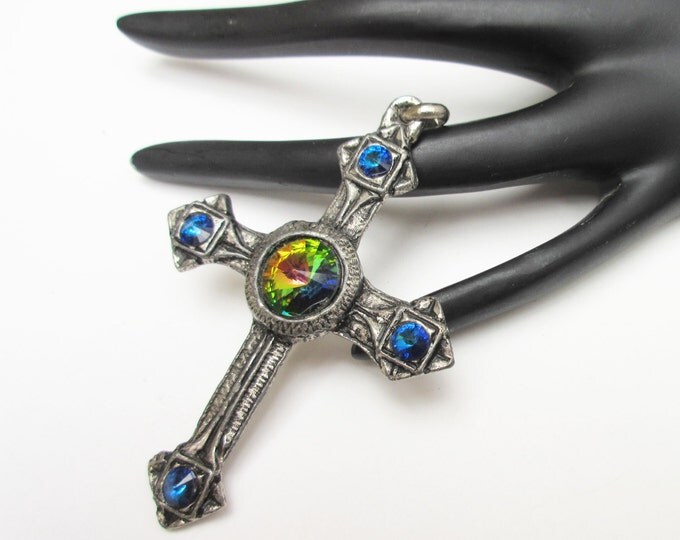 cross pendant - Green Yellow rivoli and blue rhinestone - Religious - Santa Maria