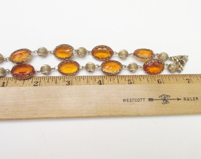 Glass Stone link bracelet- Pegasus Coro Signed - Amber yellow crystal - mid century Bangle