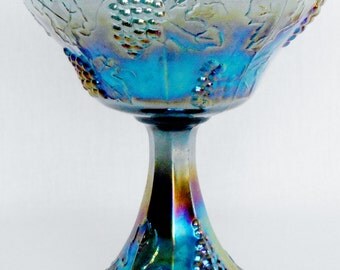 Vintage Indiana Glass Iridescent Blue Carnival Glass Harvest Grape Footed Compote, Blue Harvest Grape Footed Compote, Vintage Indiana Glass,