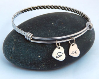 Personalized Silver Adjustable Braided Bangle Bracelet with Hand Stamped Initial Heart Custom Bangle Bracelet Mommy Bracelet