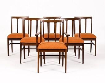 Danish Modern / Mid Century Mahogany Dining Chairs — Side + Captain’s — Set of 6 — Orange Textile