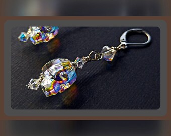 Beautiful AB Clear Swarovski Crystal Skull Earrings.