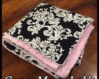 Black and white damask Baby blanket with light pink minky dot