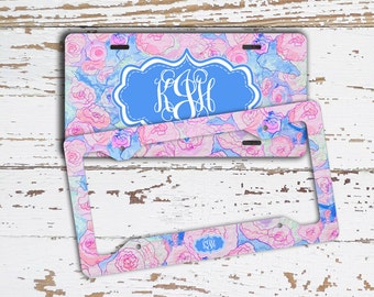 Monogram car license plate frame or front license plate with blue and pink flowers, Floral car decor, Flowers car accessories for her (1688)
