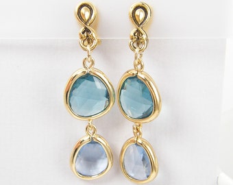 Blue Clip on Earrings Aqua Dangle Antique Gold Drop |AB2-7