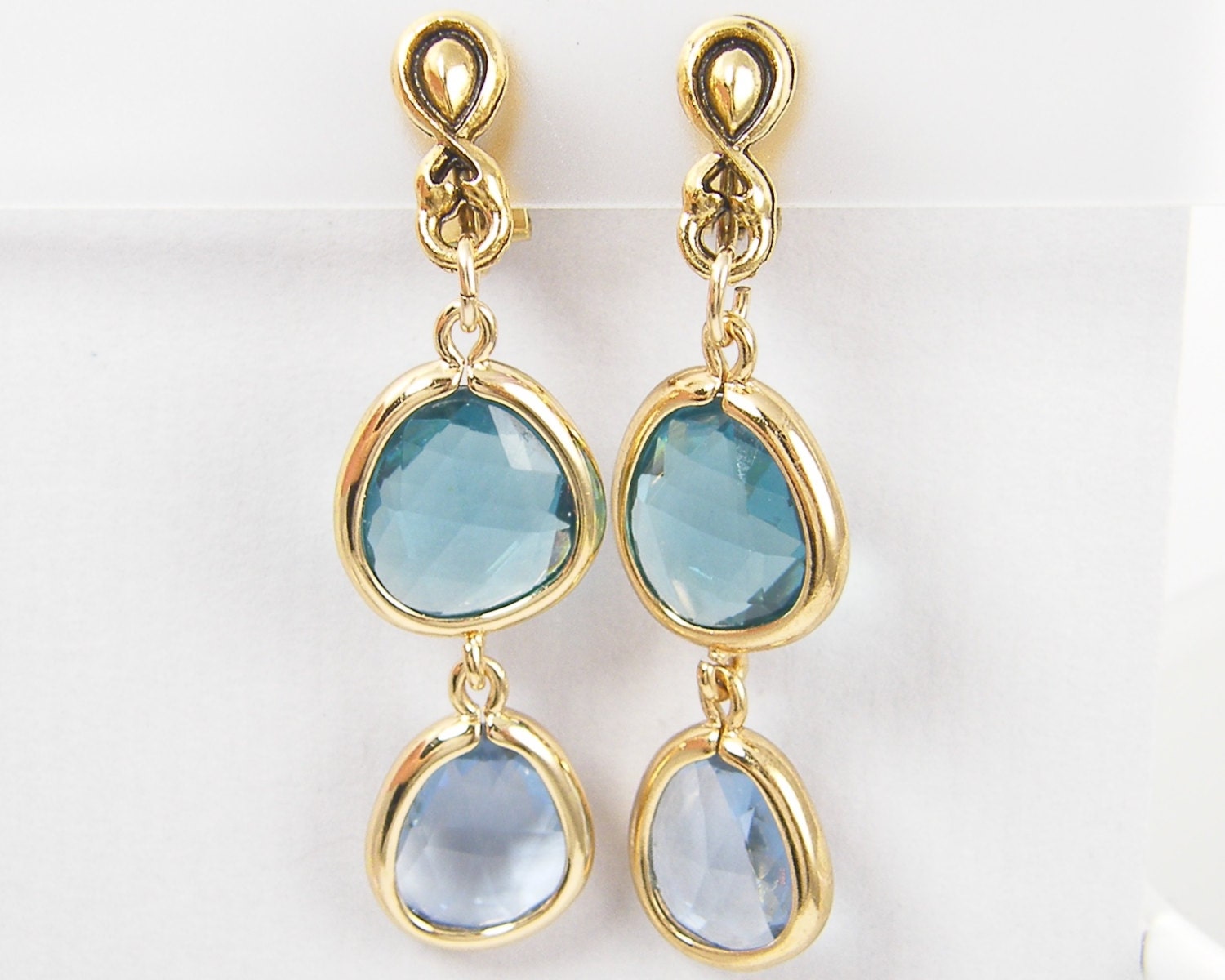 Blue Clip on Earrings Aqua Dangle Antique Gold Drop AB27