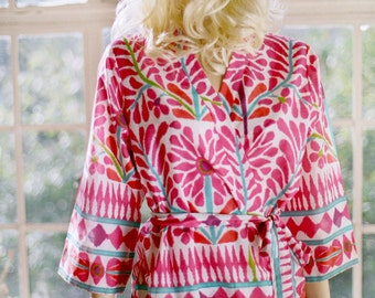 Flamenco. One of a kind. READY TO SHIP. Cotton knee length kimono robe or dressing gown in Medium. Unlined.