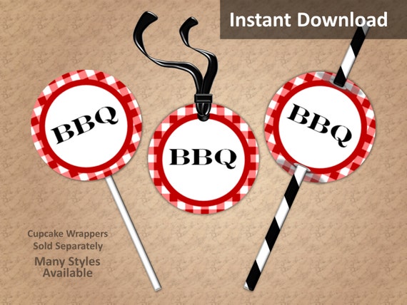 Crimson Red Gingham BBQ Cupcake Toppers, Favor Tags, Straw Flags, Instant Download, Party Decorations Il_570xn