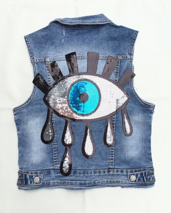 Evil Eye Sequin Patch Denim Jacket Small XL available by jaedelan