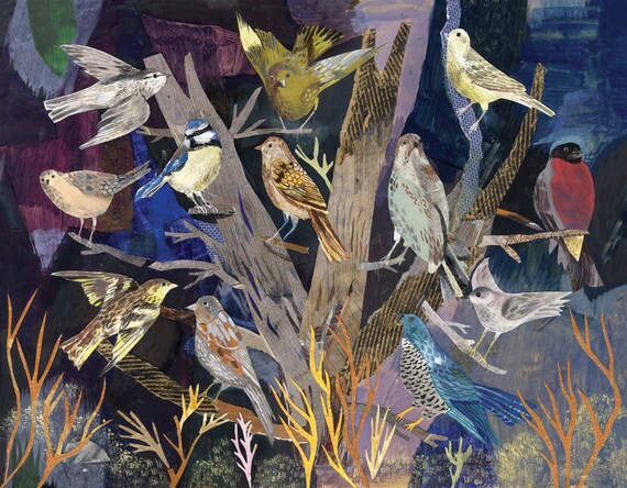 Bird illustration art print, The Birds (A Diorama) A3 Print (16.5 x 11.7 in)