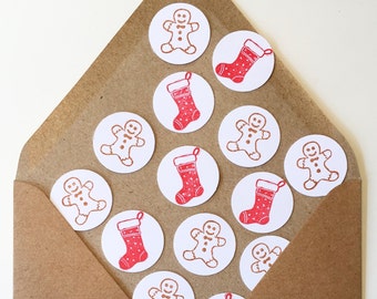 Christmas stocking and gingerbread men confetti | Table decorations | Celebration | Handmade | Lino print |