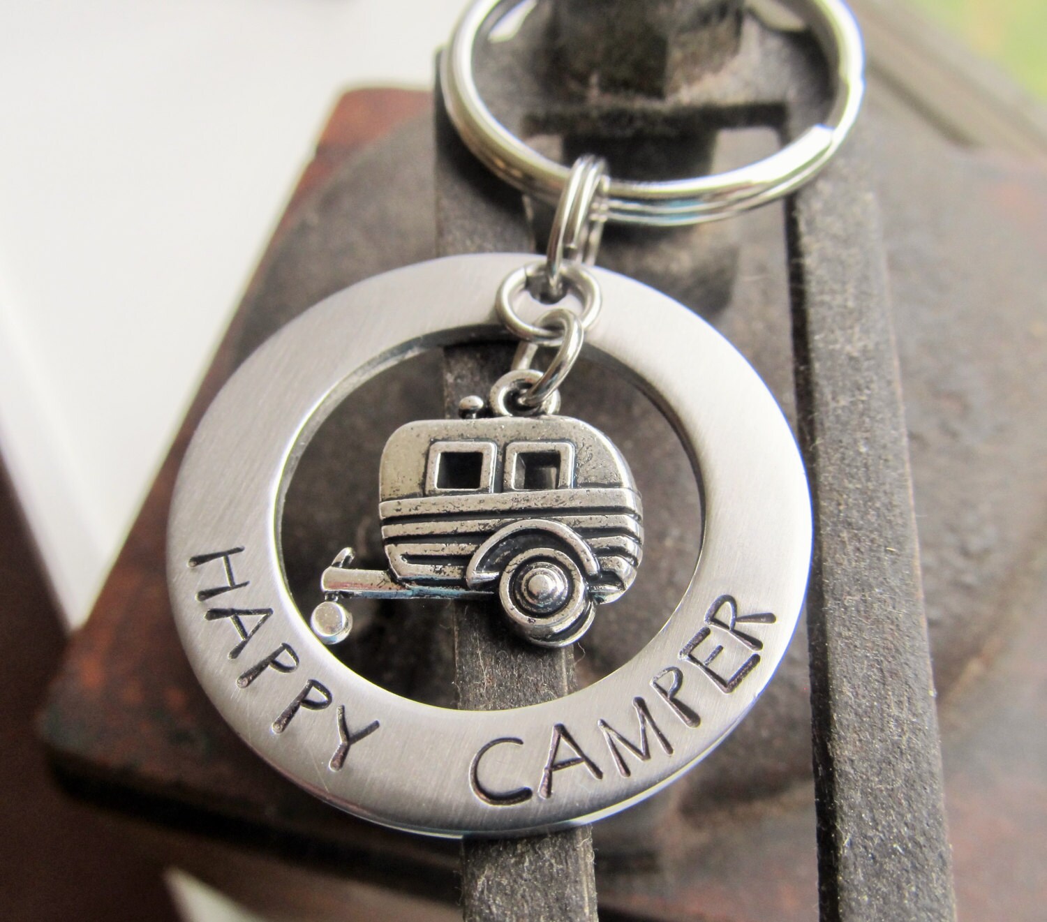 Camper Keychain Hand Stamped Key Ring Happy Camper Key Ring