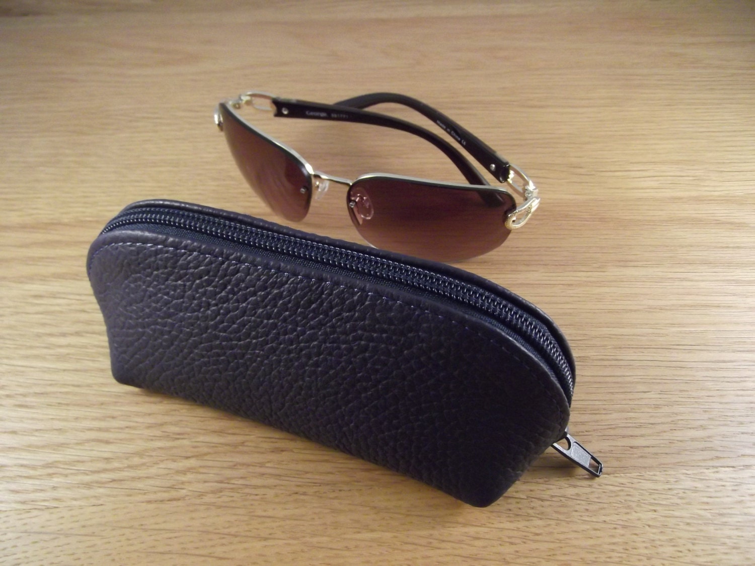 Zipped Dark Blue Leather Eyeglass Case/Sunglasses Case/Glasses